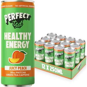 Perfect Ted PerfectTed Pesca Succosa Bevanda Energetica Salutare, 12 Lattine da 250ml, Caffeina da Tè Verde (80mg) & L-Teanina Tutte Naturali | A Basso Contenuto Calorico (43KCAL) | Vegano