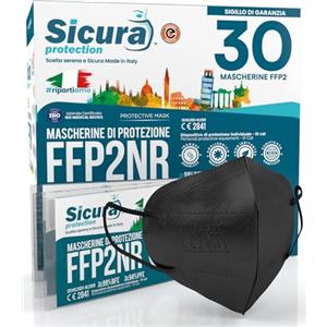 SICURA MASCHERINE CHIRURGICHE 30 Mascherine FFP2 Certificate CE Nere Made in Italy con Elastici Neri e logo SICURA impresso BFE ≥99% Mascherina ffp2 italiana SANIFICATA e sigillata