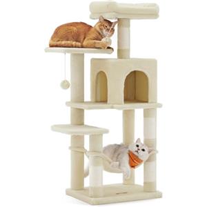Feandrea Albero per Gatti Alto 112 cm, Tiragraffi per Gatti, con 4 Pali Graffiatoi, 2 Posatoi, 1 Grotta, 1 Amaca, 2 Pompon, in Peluche a Più Livelli, Beige PCT261M01V1