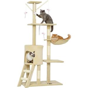 PawHut Albero Tiragraffi con Cuccia per Gatti in Legno Sisal Naturale, Beige, 40x30x131cm