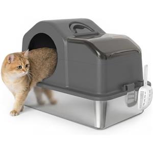 PawHut Lettiera Gatto Chiusa XL in Acciaio Inox con Coperchio, Toilette per Gatti 36L con Pareti Alte, Paletta, Tappetino Raccogli-sabbia, 60.5x40.5x45 cm, Grigio Scuro