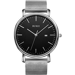 BUREI Orologi da polso da uomo, minimalisti, analogici, al quarzo, con cinturino in rete, regali per uomini, argento, Abito minimalista