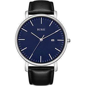 BUREI Ultra Sottile Minimalista Orologio Uomo Calendario Chic Finestra Moderno Semplice Grande Quadrante Cinturino in Pelle, Marrone Argento Bianco, Cinturino, Blu, TFV8