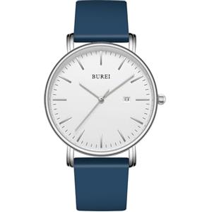 BUREI Minimalist - Orologio da uomo Classy Date Gents con cinturino semplice grande quadrante in acciaio inossidabile, Bianco/Blu, Minimalista