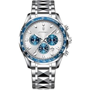Poedagar Orologio da uomo di lusso, alla moda, impermeabile, luminoso, con datario, cronografo, in acciaio inossidabile, sportivo, al quarzo, Argento Bianco, Contemporane