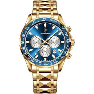 Poedagar Orologio da uomo di lusso, alla moda, impermeabile, luminoso, con datario, cronografo, in acciaio inossidabile, sportivo, al quarzo