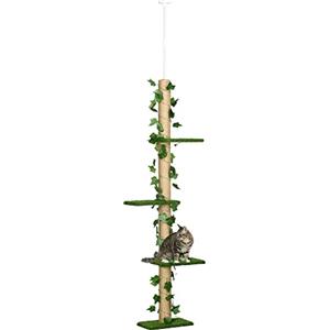 PawHut Albero Tiragraffi per Gatti Alto 202-242 cm, Trepolo per Gatti a Soffitto Regolabile con Asta di Tensione, Palo Tiragraffi in Juta con Foglie, Verde