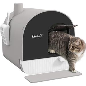 PawHut Lettiera per Gatti Chiusa, Casetta con Vassoio Estraibile, Paletta, Porta e Filtri Antiodore, Toilette per Gatti Antipertita con Tappetino, Grigio e Nero