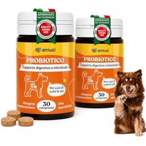 amusi Probiotici per Cani 60 Compresse (2 x 30) - Mangime Complementare con Fermenti Lattici e Inulina - Supporto Nutrizionale per l'Equilibrio Intestinale, Made in Italy