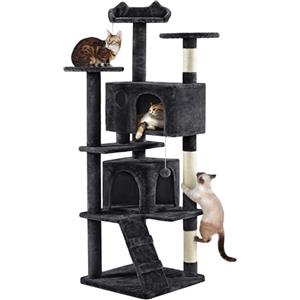 Yaheetech Albero Tiragraffi per Gatti 178 cm con 3 Posatoi 2 Palle 2 Condomini 3 Tiragraffi a Corda di Sisal Gioco Giocattolo Nero