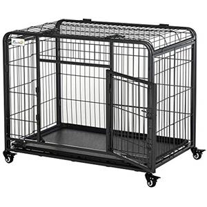 PawHut Kennel Gabbia per Cani Pieghevole a Doppia Porta con Blocco, Box per Cani con 4 Ruote con Freno e Fondo Rimovibile, 109.5x71x78cm, Grigio Scuro