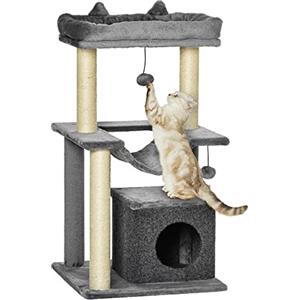 PawHut Albero Tiragraffi per Gatti Adulti, Graffiatoio Castello per Gatti con in Corda Sisal, Casetta, Cuscino e Amaca, 2 Palline, Rivestimento in Peluche e Feltro, Altezza 90cm, Grigio