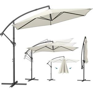SONGMICS Ombrellone a Braccio 300 cm di Diametro, Ombrellone da Balcone con Base, Protezione Solare, Anti UV UPF 50+, con Manovella per Apertura e Chiusura, per Terrazza, Giardino, Beige GPU116M01