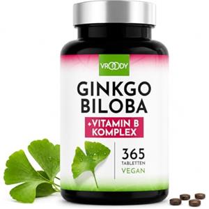 VROODY estratto vegano di Ginkgo Biloba ad alto dosaggio - la vitamina B12 contribuisce a ridurre la sensazione di stanchezza e di spossatezza - 365 piccole compresse, di facile assunzione