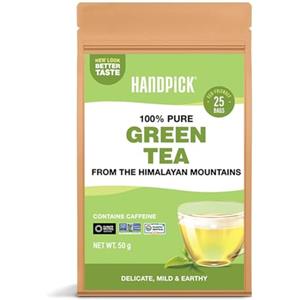 HANDPICK, Tè Verde (25 Bustine Rotonde Eco-Friendly) | Tè Verde Premium dell'Himalaya | 100% Puro, Non OGM, Senza Glutine | Gusto Delicato e Terroso per Infusi Caldi e Freddi