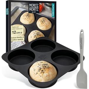 Moritz & Moritz Stampo per Burger Buns in silicone rotondo 12 cm Ø - Per pane, panini per hamburger e muffin XXL - spatola e ricettario inclusi