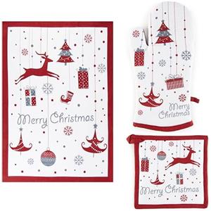 Excelsa Merry Christmas Set Tessile Cucina, Guanto Forno, Presina e Canovaccio, Cotone, Imbottitura Poliestere