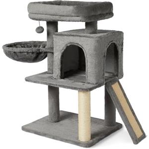 Amazon Basics - Torre per Arrampicata su Più Livelli per Gatti e Gattini da Interno, con Colonna Tiragraffi, Casetta Modulare per Gatti e Amaca, Certificata FSC, M - Altezza 76,2cm, Grigio