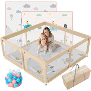 JUPPLIES Box Bambini 120x120 cm + Tappetino + 50 Palline + Borsa di Trasporto | Recinto per Bambini con Rete Traspirante (Beige)