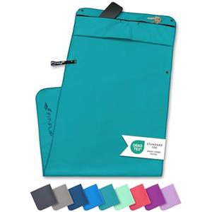 Fit-Flip Asciugamano sportivo con scomparto a cerniera e clip magnetica - telo in microfibra - compatto e ad asciugatura rapida - accessori da palestra uome e donna - Petrolio