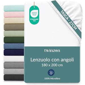 Twinzen Lenzuola Angoli Matrimoniale 180x200 cm, Berretto da 30 cm, 100% Poliestere - Lenzuola Matrimoniali Bianco - Certificato Oeko-Tex