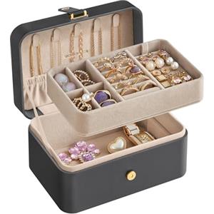 SONGMICS GISELLA Collezione - Scatola Portagioie da Viaggio 2 Livelli, Piccolo Porta Gioielli, Portagioielli Portatile, Accessori Grandi, Idea Regalo, 11,6 x 16 x 7,5 cm, Grigio Ardesia JBC166G01