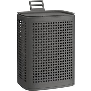 SONGMICS Cesto Portabiancheria con Coperchio, Cesta Portabiancheria Sporca in Plastica, 75 L, Porta Biancheria Slim, Bagno Lavanderia Camera da Letto, Grigio Scuro RLH021G101