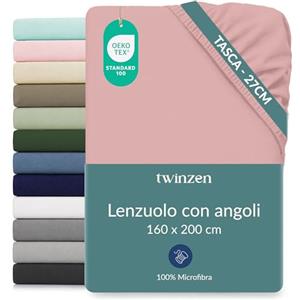 Twinzen Lenzuolo con Angoli Matrimoniale 160x190 / 160x200 cm, Berretto da 30cm, 100% Poliestere - Lenzuola Matrimoniali Rosa - Certificato Oeko-Tex