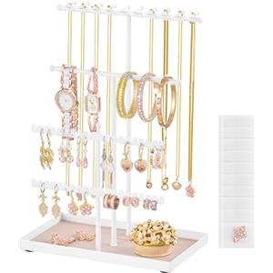 SONGMICS Portagioie, Porta Collane e Orecchini, Struttura in Metallo, Vassoio in Velluto, Espositore per Collane Bracciali Orecchini Anelli, Idea regalo, Bianco Opaco JJS036WG03