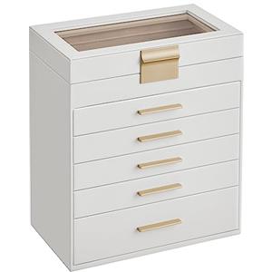 SONGMICS GISELLA Collezione - Scatola Portagioie con Coperchio in Vetro, 6 Livelli, Porta Gioielli con 5 Cassetti, Moderno, Idea Regalo, Bianco Nuvola e Dorato, 16,3 x 25,1 x 29 cm JBC171W01