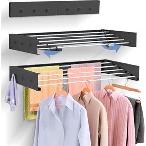 JUPPLIES Stendibiancheria da Parete Pieghevole Retrattile 80 cm - Stendino a Muro Richiudibile per Interno o Esterno - 5 Barre in Alluminio Antiruggine fino a 30 kg di Capacità (nero con grucce)