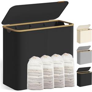 SONGMICS Cesto Portabiancheria con Coperchio a 4 Scomparti, Cesta per Bucato, 200 L, Sacco Rimovibile, Tessuto Oxford, Manici di Bambù, Pieghevole, 78 x 38,5 x 70,5 cm, Nero Inchiostro LCB514BH01