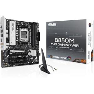 ASUS B850M MAX GAMING WIFI, Scheda Madre AMD mAMD ATX, 8+2+1 Fasi di Alimentazione, Slot DDR5, PCIe 5.0 Ready, 3 slot M.2, WiFi 6, Ethernet 1Gb, USB-A, USB-C, HDMI, BIOS Flashback e Aura Sync, Nera