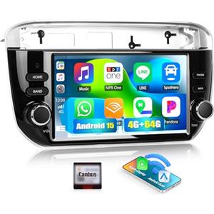 SIXWIN 4+64GB Android 15 Autoradio per Fiat Punto Evo 2012-2016 con Wireless CarPlay/Android Auto,7 Pollici HD Touch Screen, Navigatore Auto con WiFi Bluetooth 5.0 FM/RDS 32EQ Comandi al volante