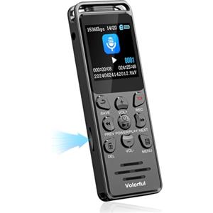 Volorful 16GB Registratore Vocale Professionale, Volorful 70 Ore Registratore Audio con 1,44" Schermo Colori, Attivazione Vocale, Lettore MP3, USB-C Registratori Vocali Digitale Portatile per Lezioni Riunioni