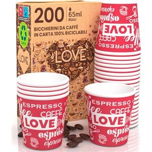 Eurocali 200 Bicchierini in Carta Natalizi per caffè 65ml LoveRedCUP Bicchieri Natale Ecologici Biodegradabili Monouso Piccoli Asporto Bevande Calde