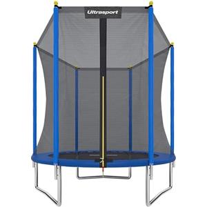 Ultrasport Trampolino da Giardino, Adatto a Bambini con Ingresso Basso, Set Completo, Incluso Tappeto Elastico con Rivestimento UV, Rete di Sicurezza, Staffe in Acciaio, Blu, Ø 183 cm