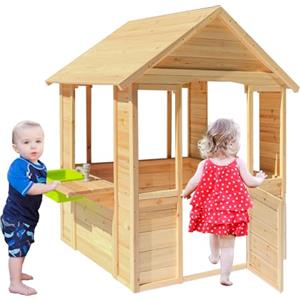 K LUCKIDS Casetta giocattolo per bambini all'aperto, casetta giocattolo in legno in stile rustico con lavandino, finestre, porta da lavoro, pentole, casetta da gioco per esterni, cortile, terrazza (naturale)