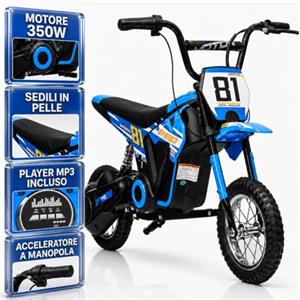 TOYSCAR Moto Elettrica per Bambini 24V 10Ah NITRO GT Motore 350W, Minimoto Elettrica Moto Cross Elettrica, Pit Bike Elettrica, Ruote Gonfiabili 12 Freno a Disco, Sedile in Pelle, 5-10 Anni (Blu)