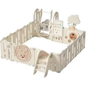 VYPRODAVAME SKLADY Recinto per Bambini con Scivolo Altalena e Canestro ZH25, Box Area Giochi in Plastica LLDPE Anti-UV, Parco Giochi Modulare da Interno ed Esterno, 190x196 cm, Beige