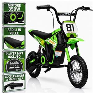TOYSCAR Moto Elettrica per Bambini 24V 10Ah NITRO GT Motore 350W, Minimoto Elettrica Moto Cross Elettrica, Pit Bike Elettrica, Ruote Gonfiabili 12 Freno a Disco, Sedile in Pelle, 5-10 Anni (Verde)