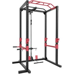 Ultrasport Power Rack, Scaffale fitness, Scaffale multifunzione per efficace allena completo corpo, costruzione acciai, perfetto per principianti e professionist, torre fitness, Nero/Rosso