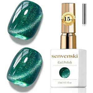 Senvenski Gelatina Vetro Cat Eye Smalto Semipermanente, 15ML Occhi di Gatto Magnetica per Gel Unghie Kit Olografico Glitterato Cristallo Smalti Unghie Salon Home DIY (Foresta Verde, 0.5fl oz)