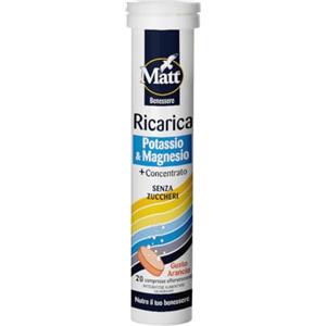 Matt, Ricarica Potassio & Magnesio, Integratore Alimentare di Potassio e Magnesio, Contribuisce alla Riduzione della Stanchezza e Affaticamento, Confezione da 20 Compresse Gusto Arancia, 80 g