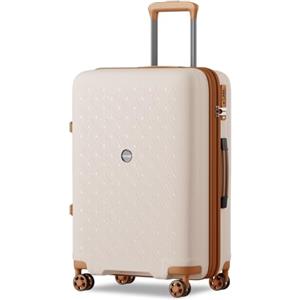 KONO Valigia Media in PP Rigida 65 cm - Trolley 20 kg Leggero Espandibile con Ruote 360° TPE, Portabicchieri Integrato e Serratura TSA (24", Beige/marrone)