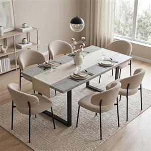 JIEXI Set di 6 tavoli da pranzo allungabili, 130 x 170 cm, 6 sedie in tessuto, superficie rettangolare in MDF e polvere di cemento, stile moderno e contemporaneo, per sala da pranzo e cucina