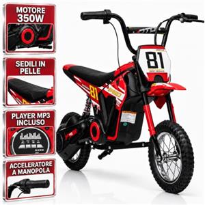 TOYSCAR Moto Elettrica per Bambini 24V 10Ah NITRO GT Motore 350W, Minimoto Elettrica Moto Cross Elettrica, Pit Bike Elettrica, Ruote Gonfiabili 12 Freno a Disco, Sedile in Pelle, 5-10 Anni (Rosso)
