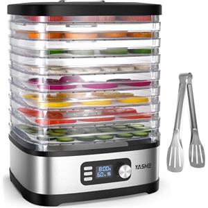 YASHE Essiccatore Alimentare 8 Vassoi, Timer Digitale & Controllo Temperatura, Vassoi Senza BPA, Fogli Rete & Rotoli Frutta, Pinza Acciaio Inox, Per Jerky, Frutta, Verdura e Erbe