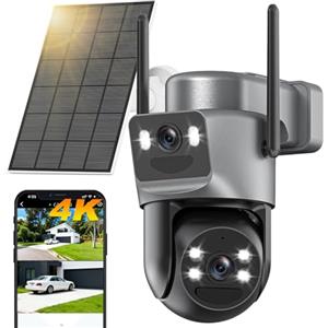 Abiso 8MP Telecamera di Sorveglianza WiFi Esterno Senza Fili Doppio Obiettivo, 4K Rilevamento Umano con Pannello Solare,360° PTZ Telecamera IP,2.4G/5GHz,Monitoraggio Automatico,Visione Notturna Colore,Audio