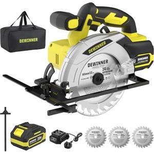 DEWINNER Sega Circolare,Sega Circolare per Legno 4000RPM,con 4,0Ah Batteria, Profondità & Angolo Regolabili 54mm(90°)-38mm(45°),3 Lame (165mm 24T) + Borsa Lino,Ideale per Taglio Legno （una batteria)